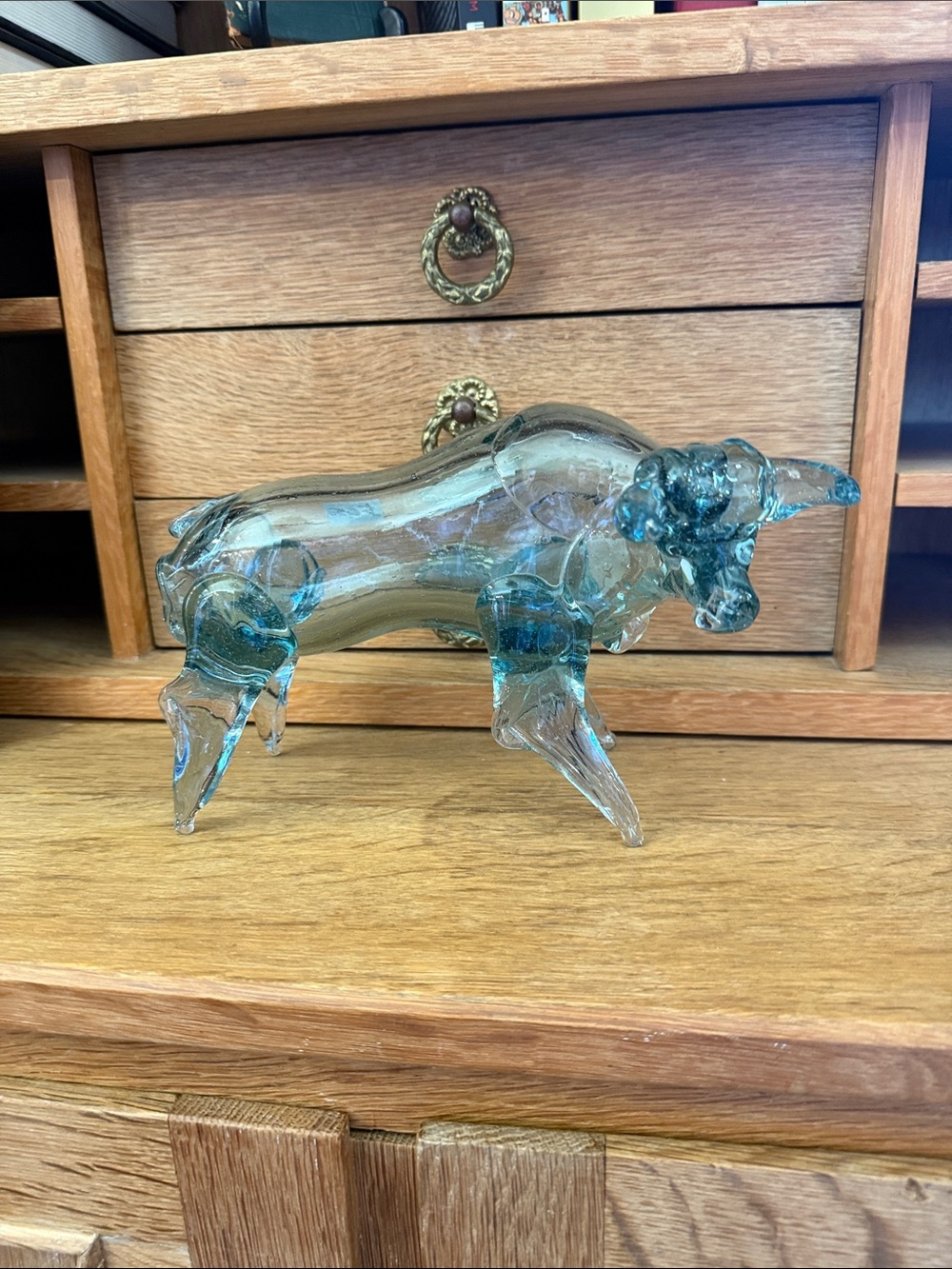 Handblown Blue Glass Bull Sculpture - Home Art